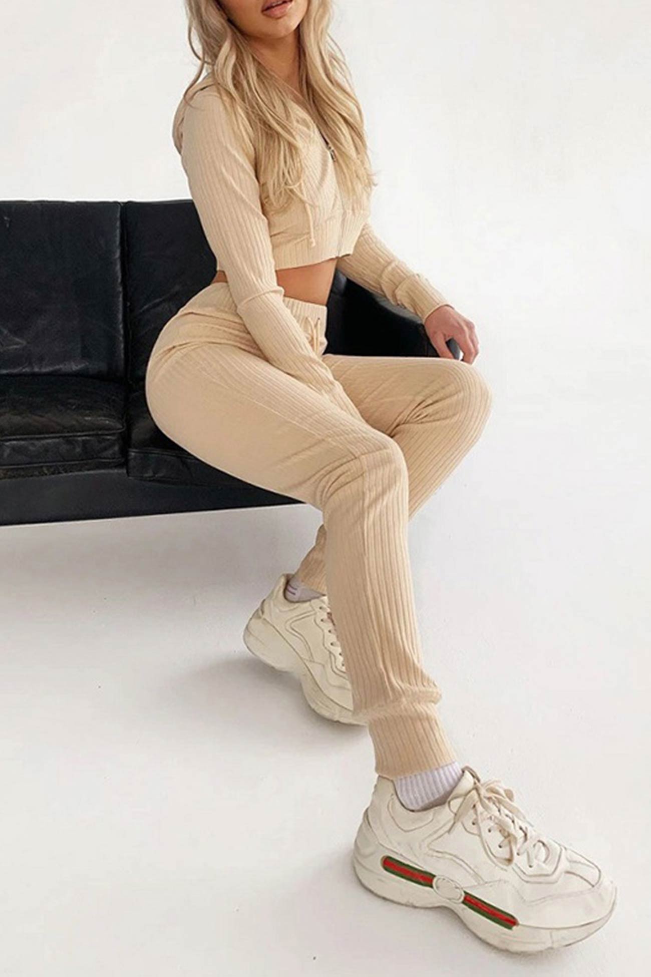 Paola | Long pants suits with ribbed knit hoodie