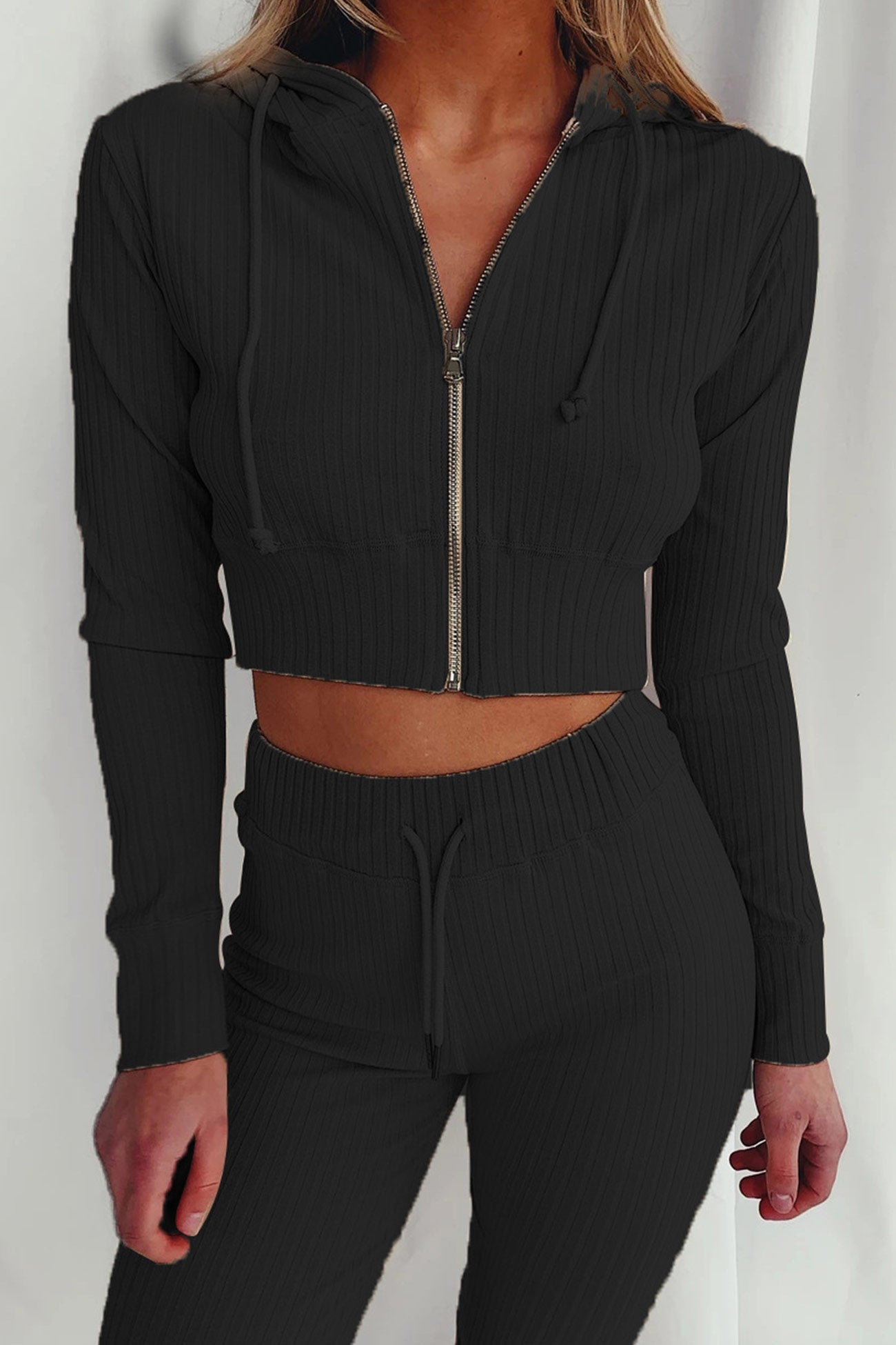 Paola | Long pants suits with ribbed knit hoodie