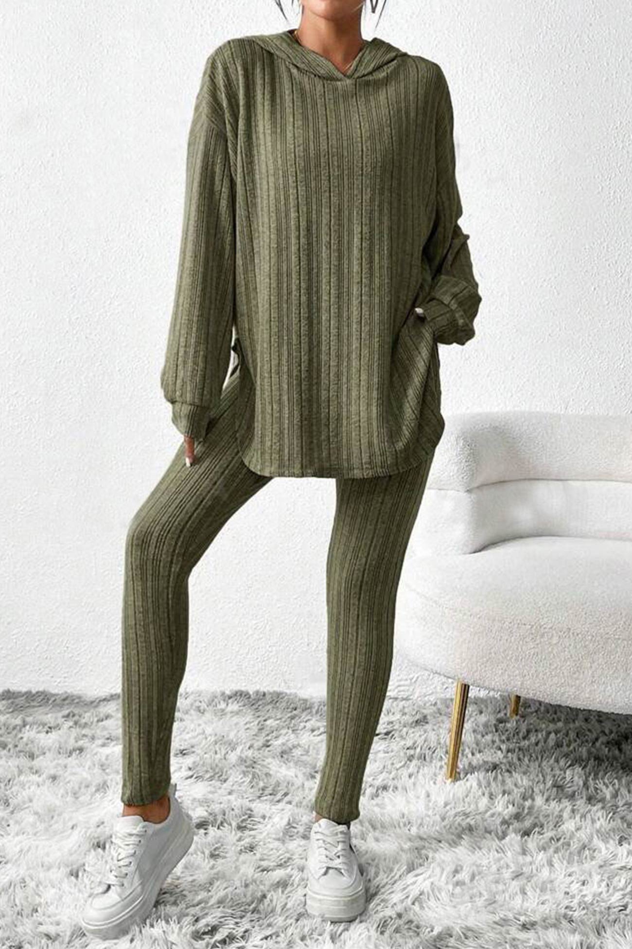 Fabiola | Ribbed Slit Mid Length Hoodie Leggings Set