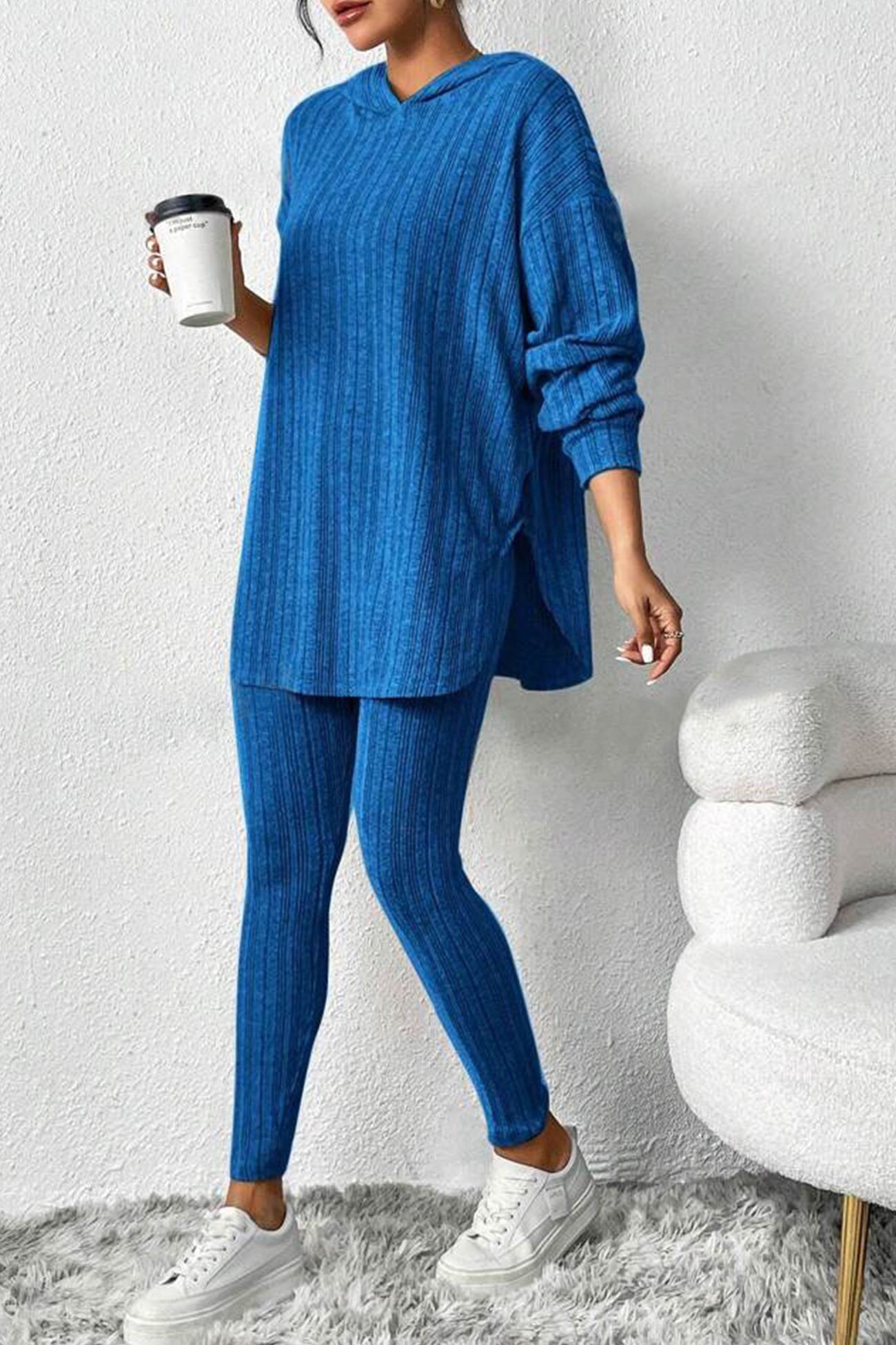 Fabiola | Ribbed Slit Mid Length Hoodie Leggings Set