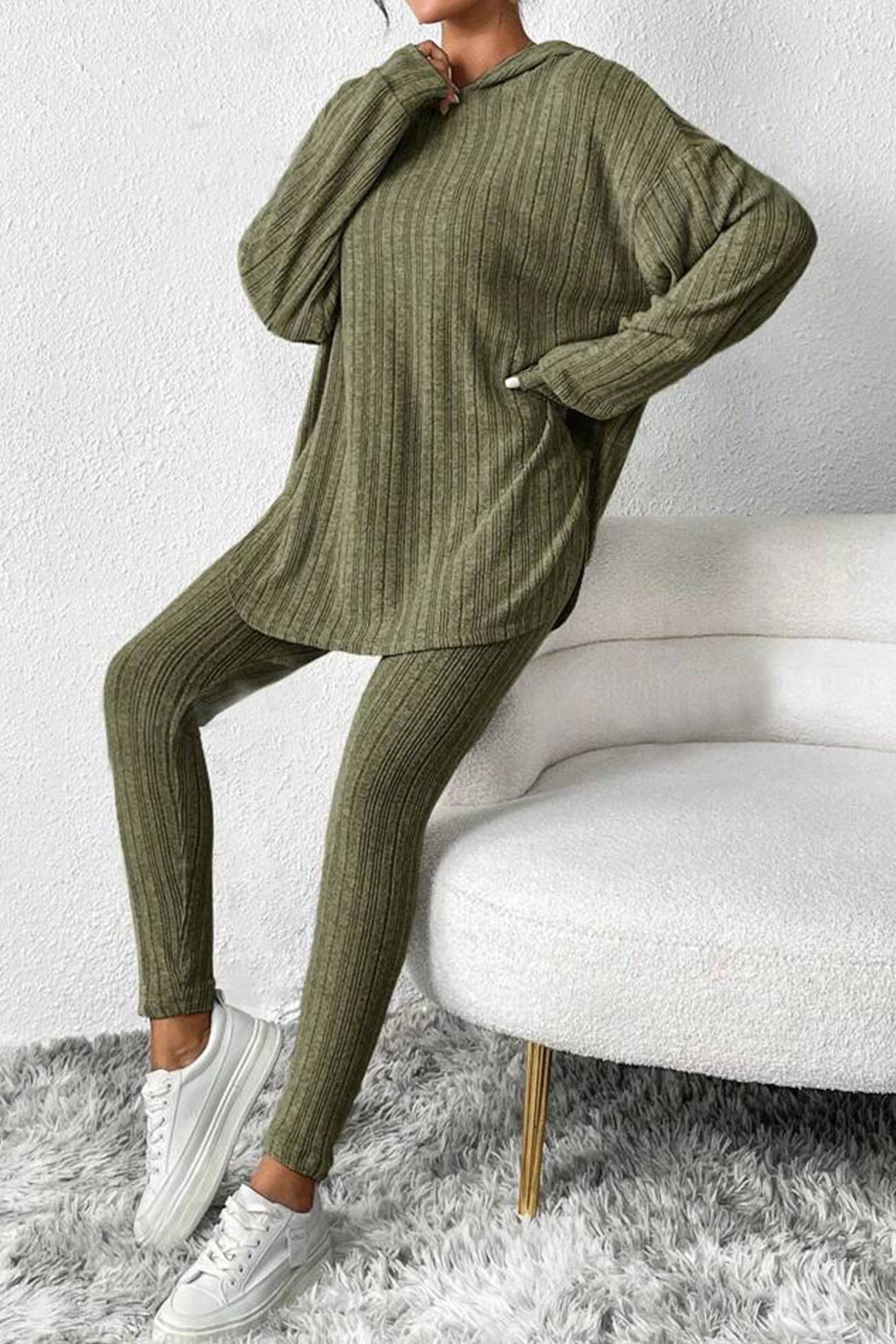 Fabiola | Ribbed Slit Mid Length Hoodie Leggings Set