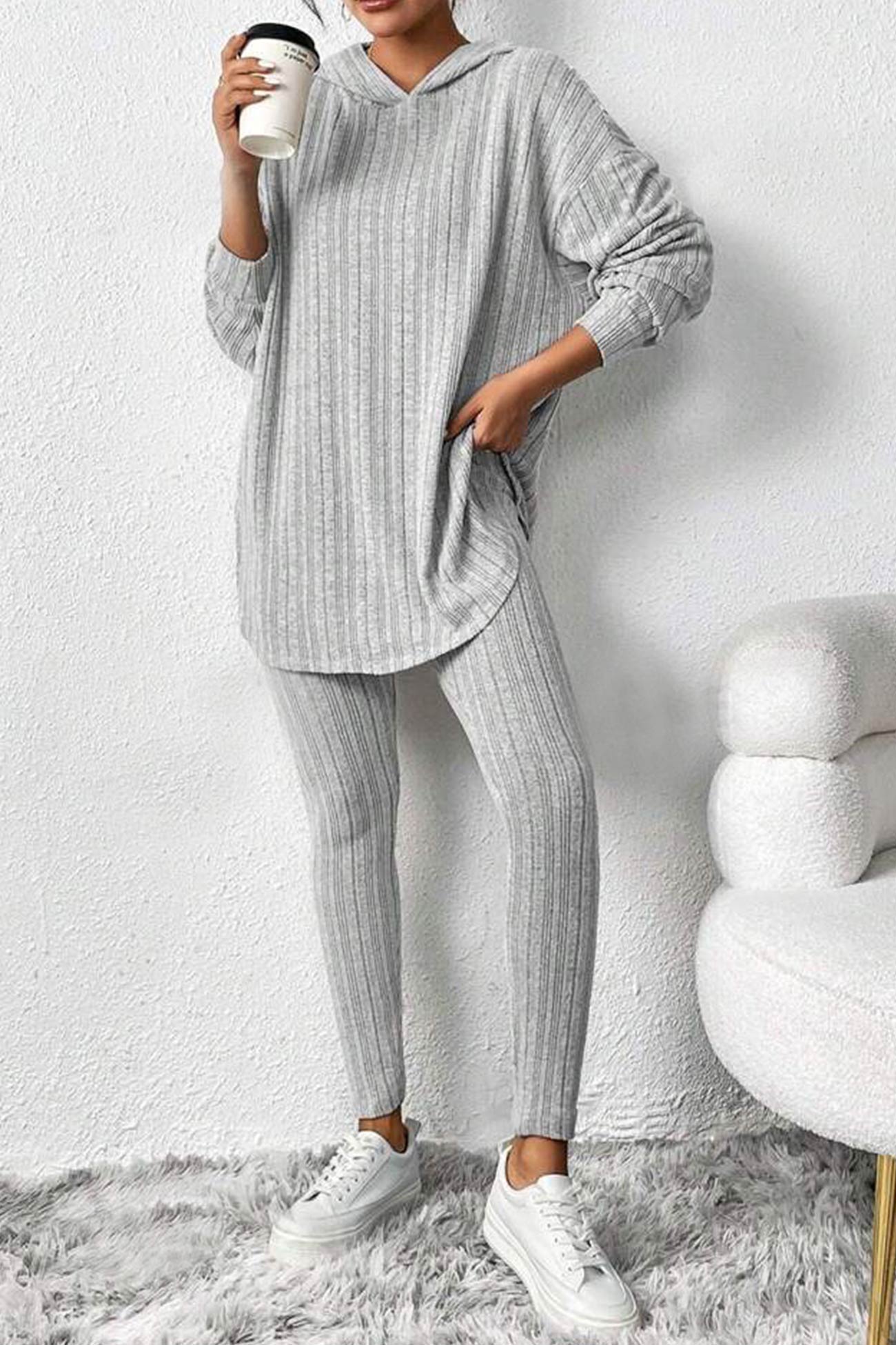 Fabiola | Ribbed Slit Mid Length Hoodie Leggings Set