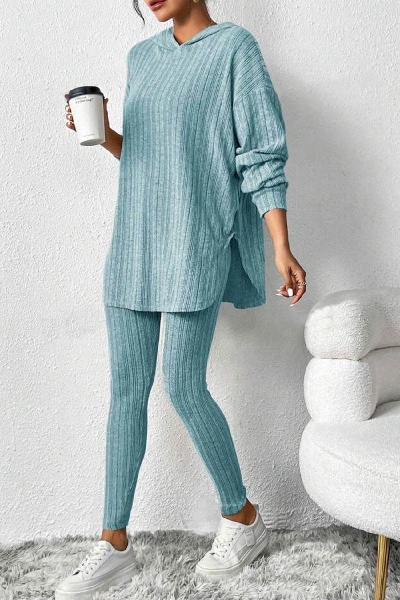 Fabiola | Ribbed Slit Mid Length Hoodie Leggings Set