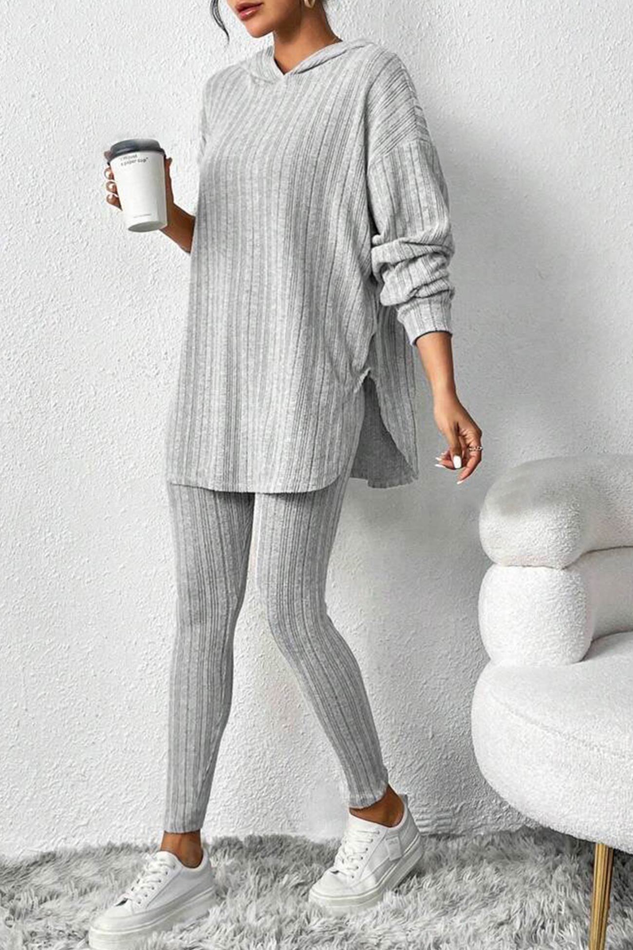 Fabiola | Ribbed Slit Mid Length Hoodie Leggings Set
