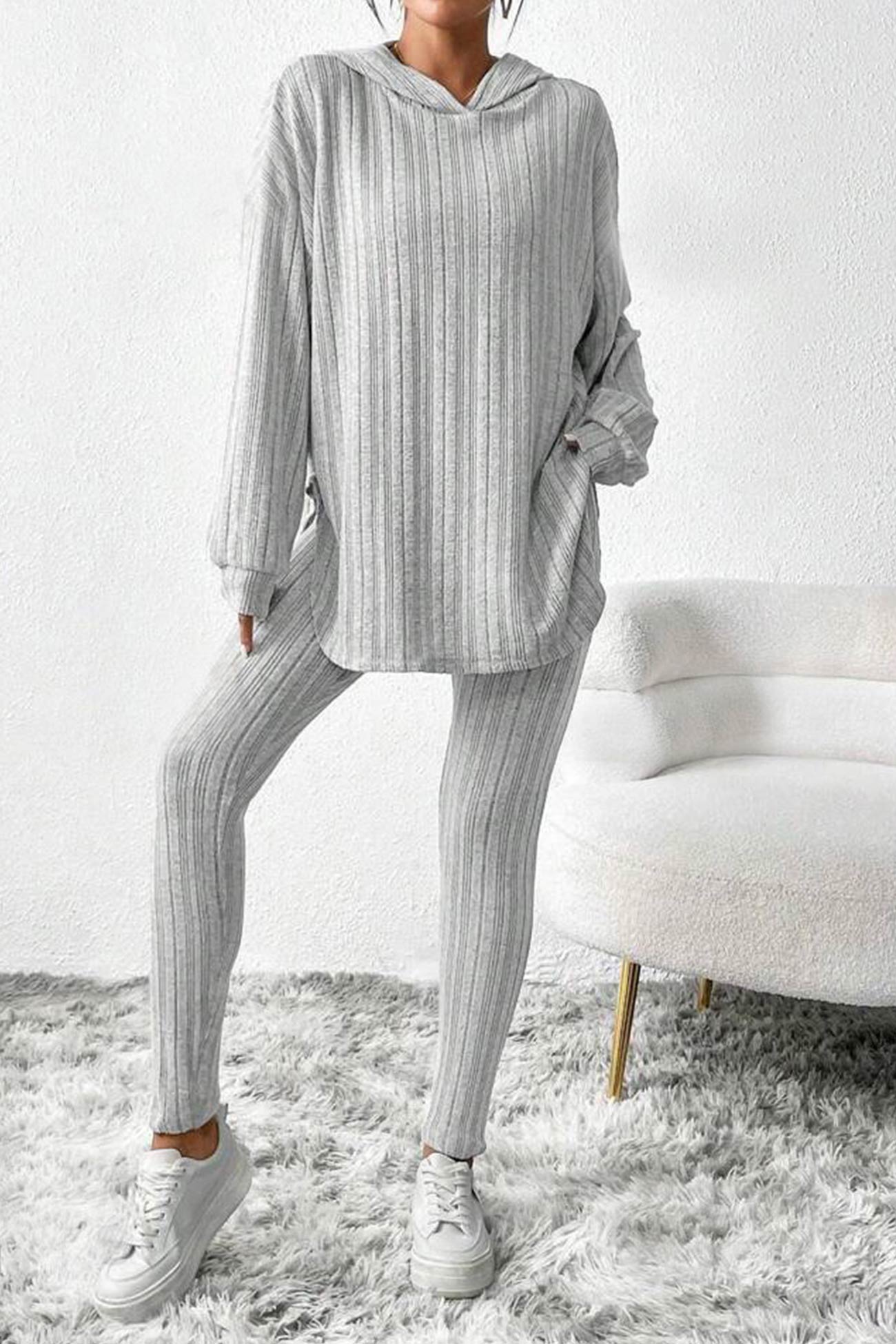 Fabiola | Ribbed Slit Mid Length Hoodie Leggings Set