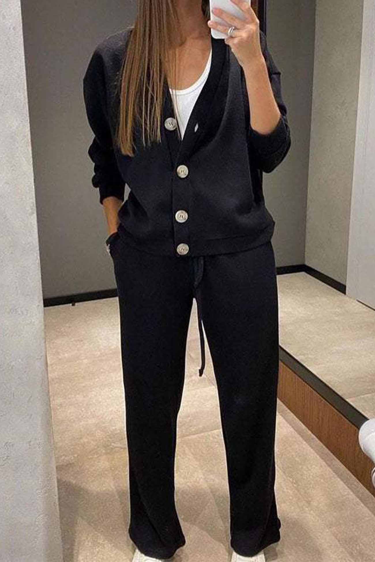 Alicia | Solid color cardigan set with long pants and buttons