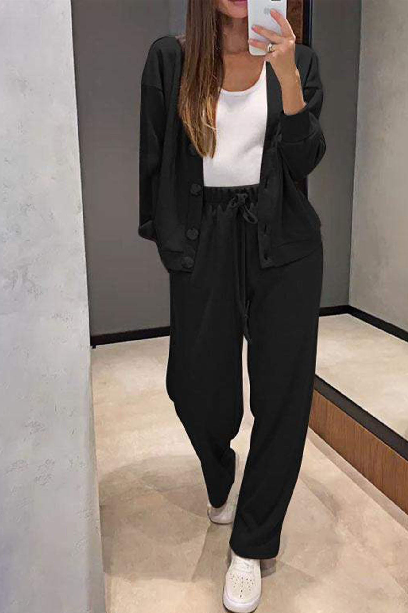 Alicia | Solid color cardigan set with long pants and buttons