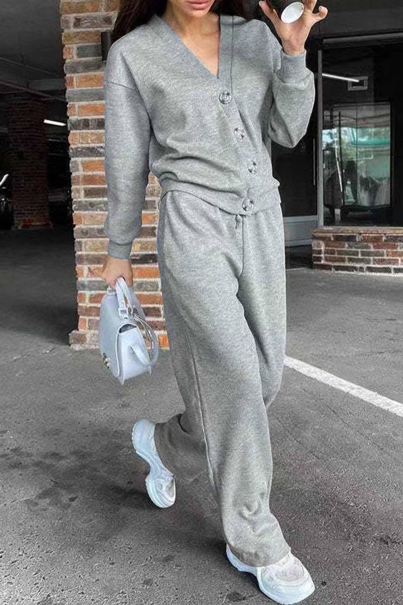 Alicia | Solid color cardigan set with long pants and buttons