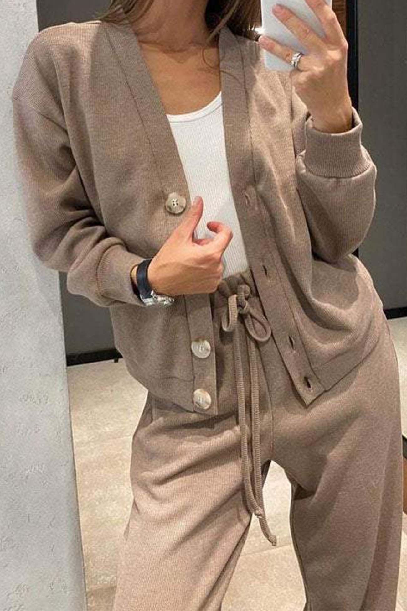 Alicia | Solid color cardigan set with long pants and buttons