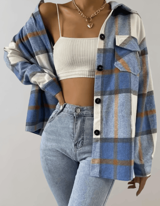 Franziska® | Elegant blue checked women's oversize jacket