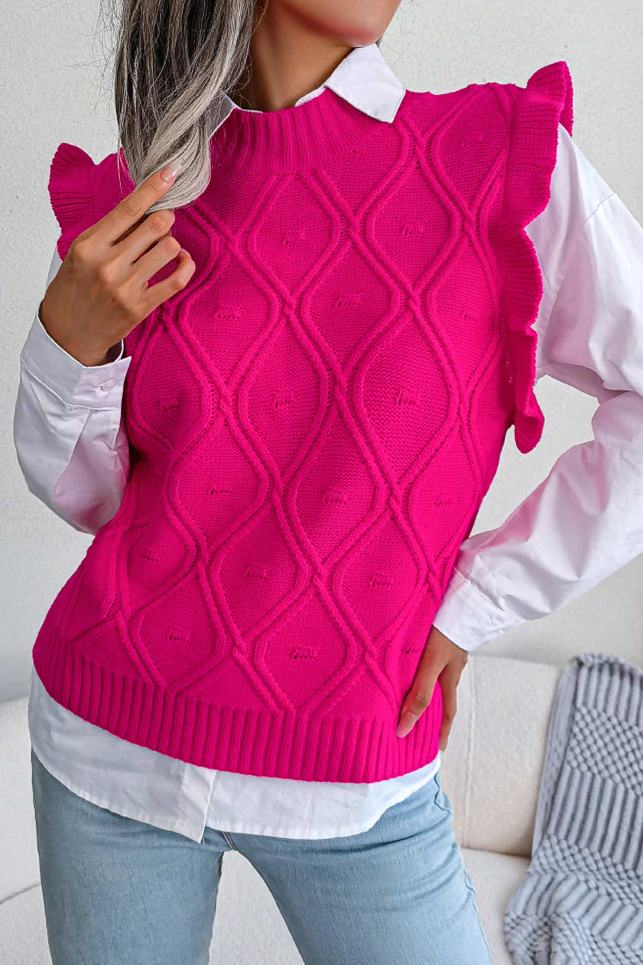 Aitana | Ruffle Argyle Knit Vest Sweater