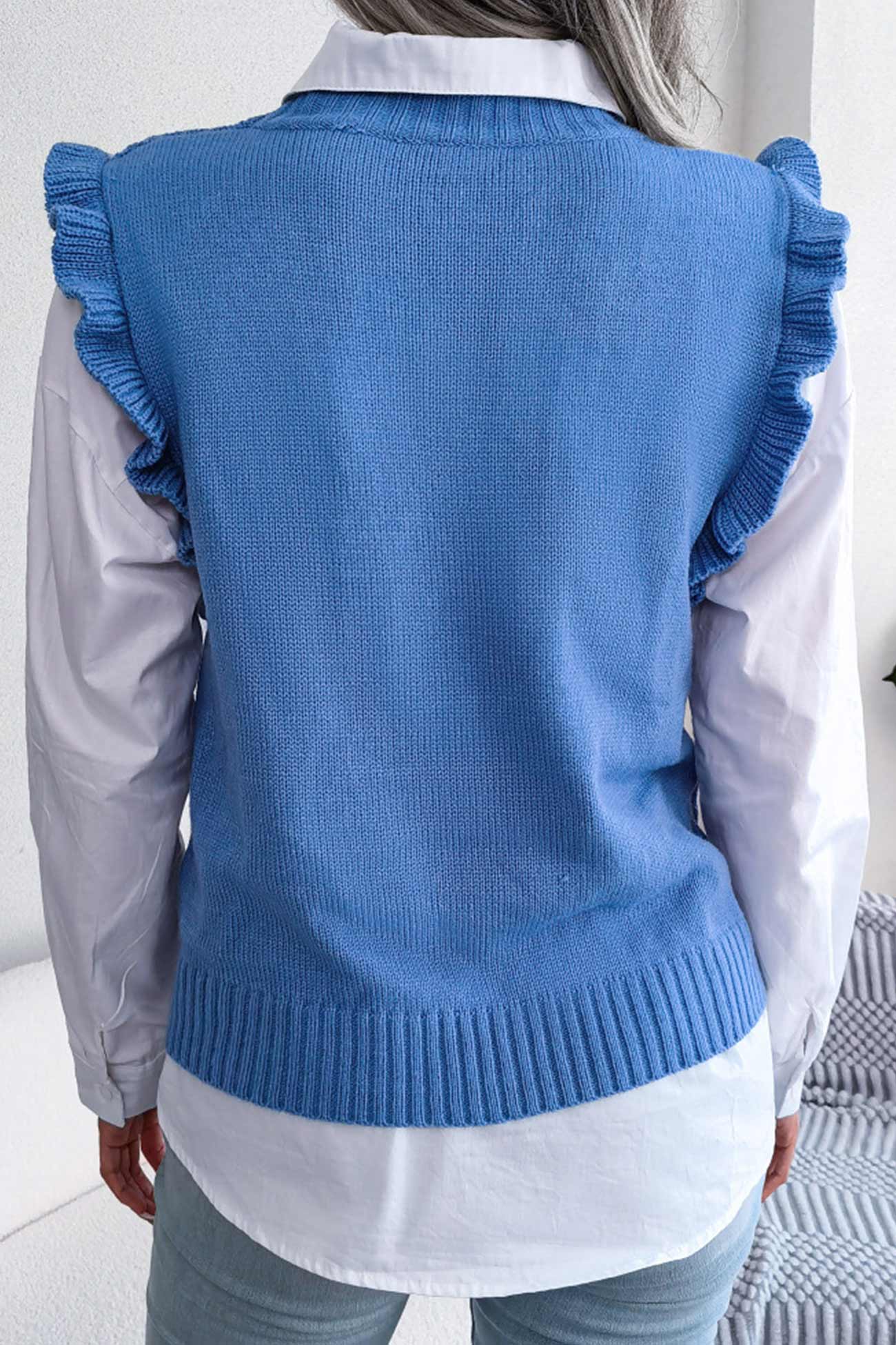 Aitana | Ruffle Argyle Knit Vest Sweater