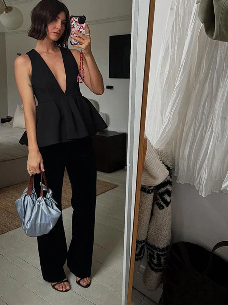 Ruffled Hem Deep V-neck Harem Office Two Piece Set