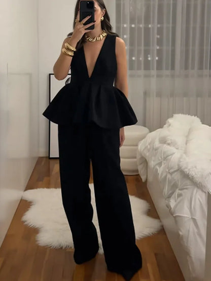 Ruffled Hem Deep V-neck Harem Office Two Piece Set