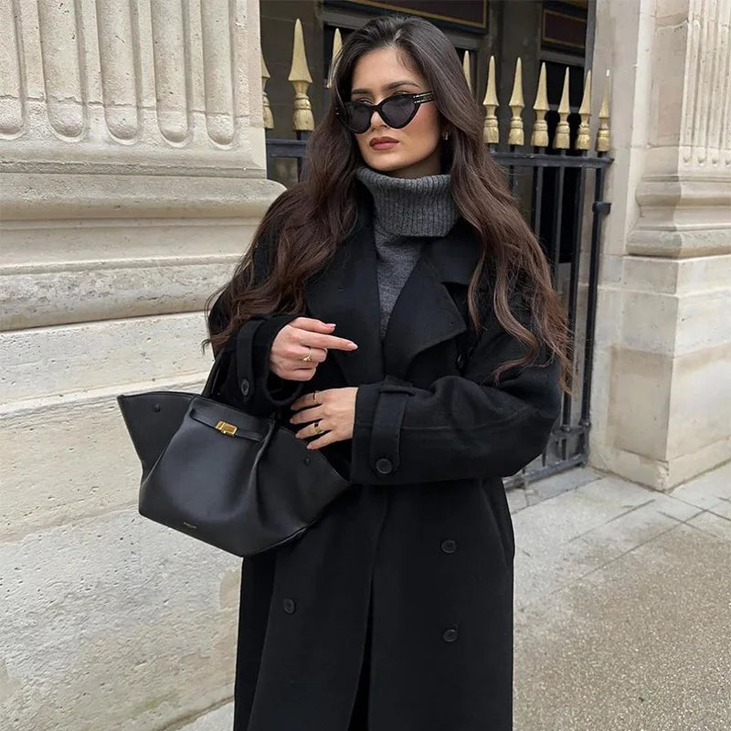 Valentina | Elegant maxi coat for women with double row of buttons and belt