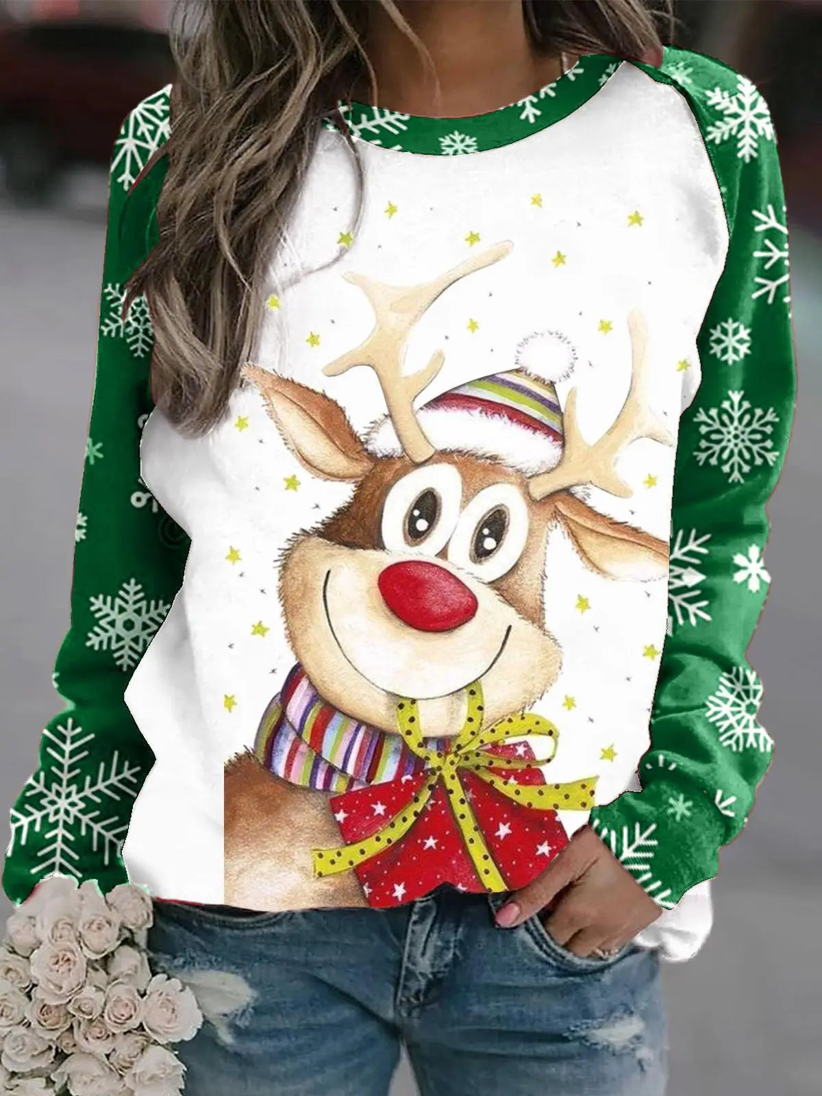 Sara | Warm 3D printed Christmas reindeer crew neck sweater for women