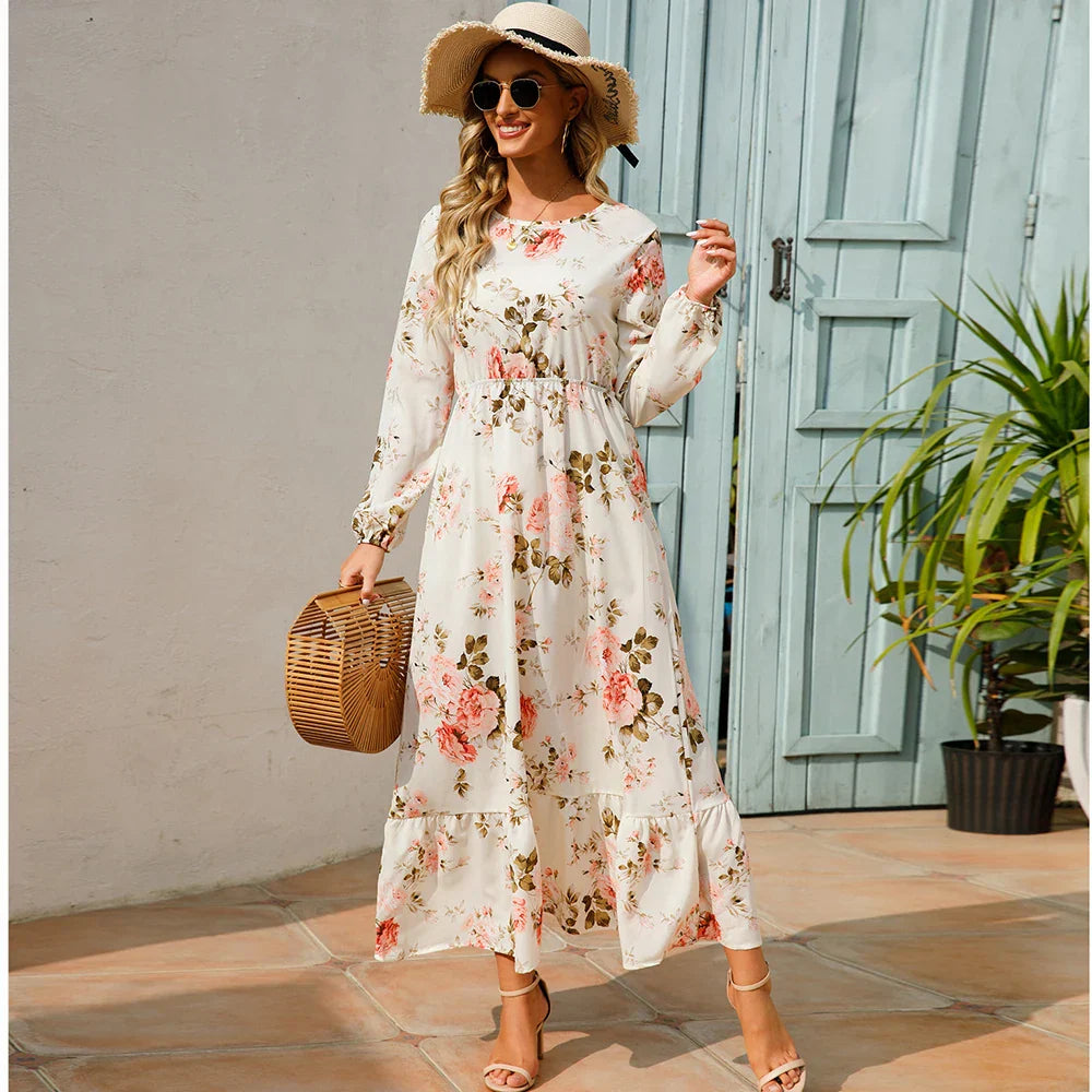 Natasha® | Women'S Bohemian Floral Chiffon Maxi Dress With Long Sleeves