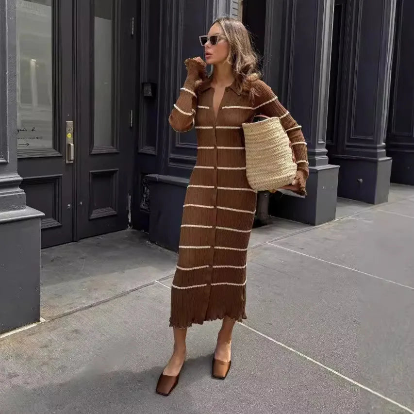 Victoria | Elegant brown striped knitted dress for winter
