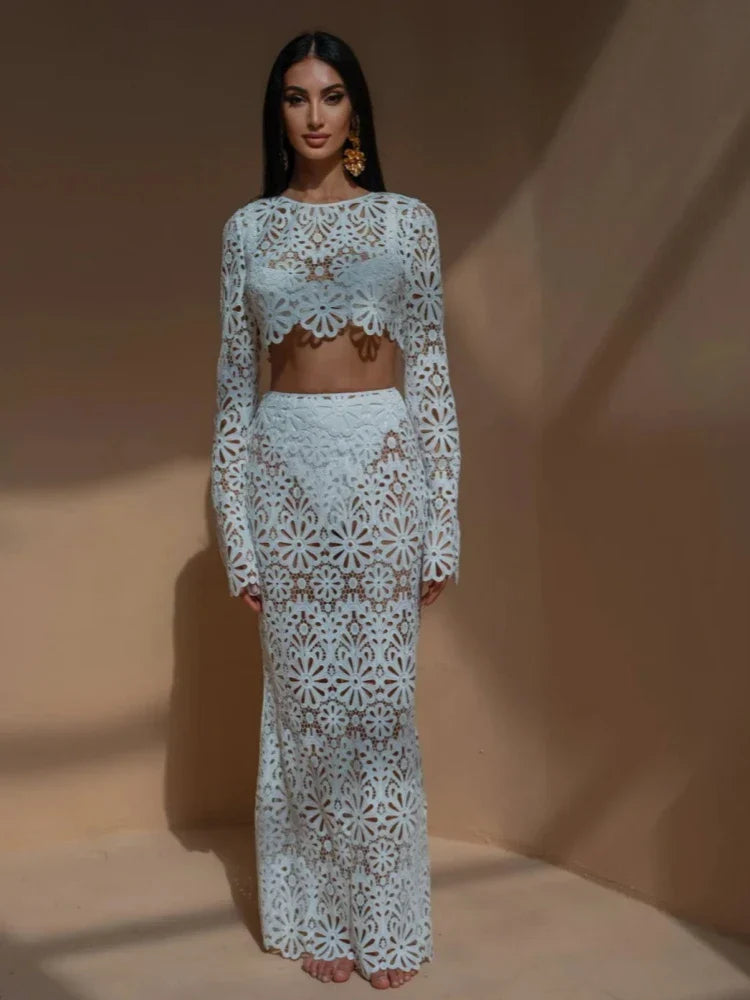 Marcela® | Elegant Beach Set With White Embroidery And Sexy Top