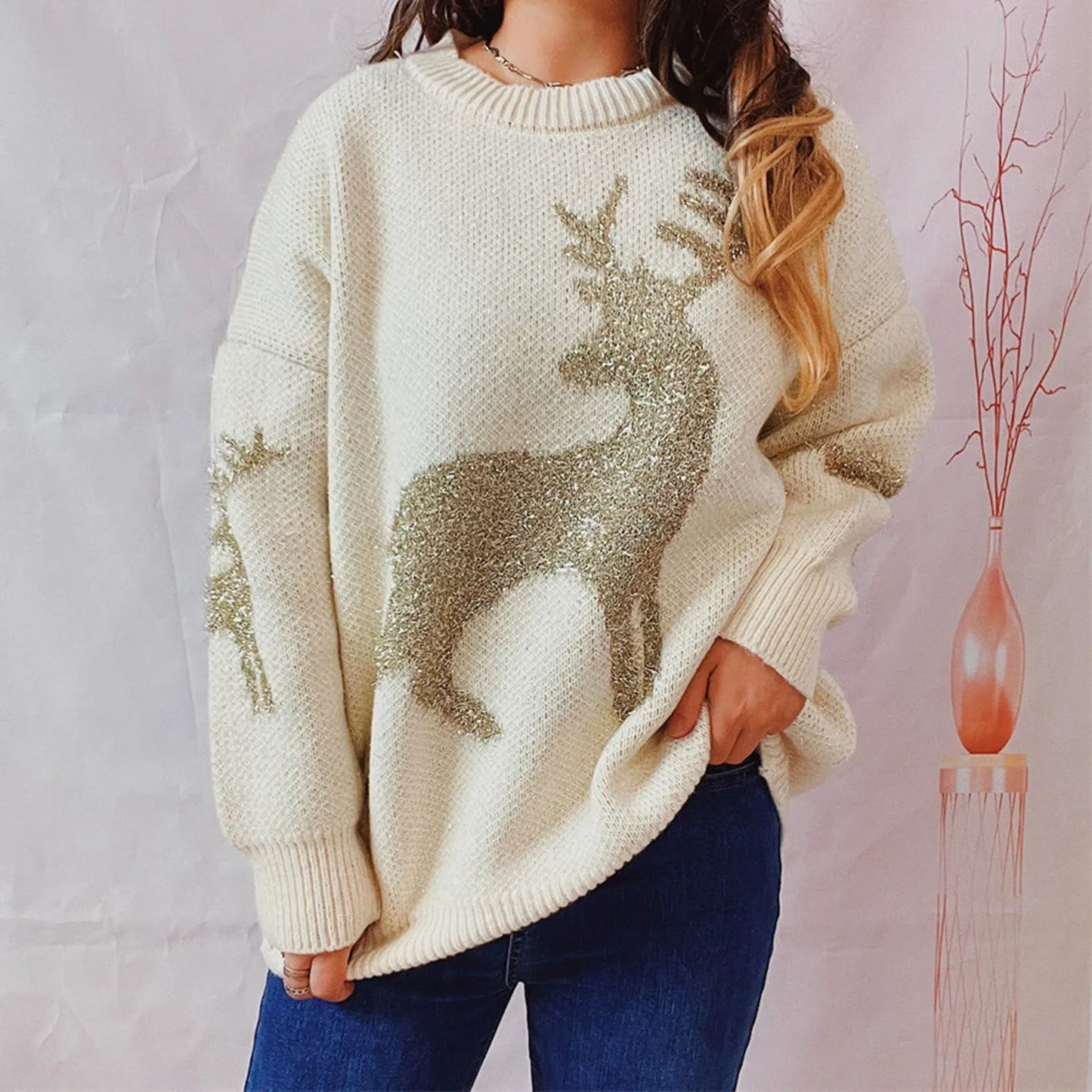 Elfriede | Christmas deer crew neck knitted sweater for women