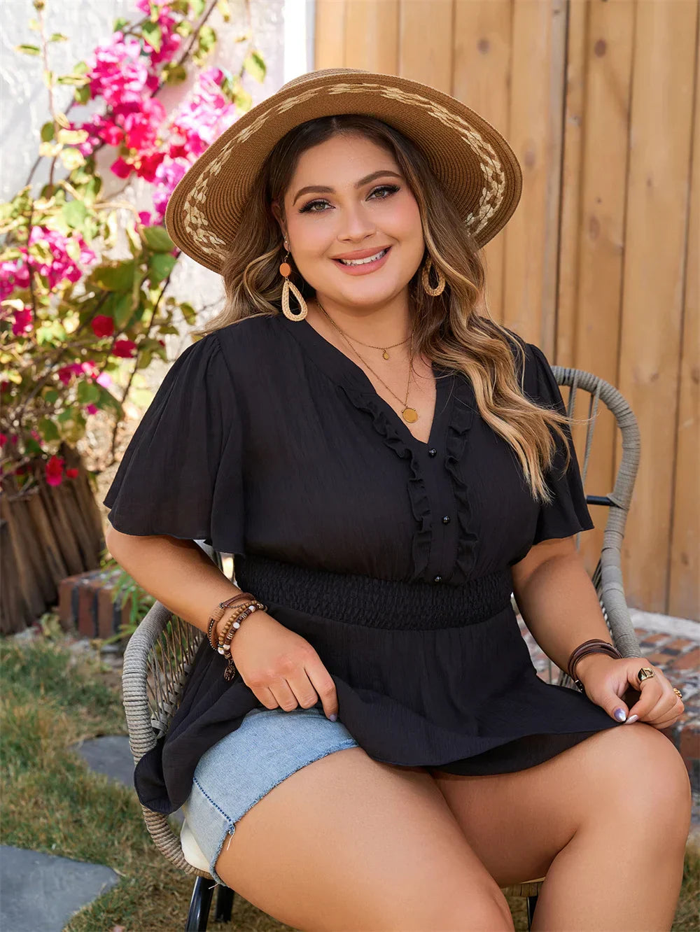 Margot® | Black Plus Size Summer Blouse With Ruffles