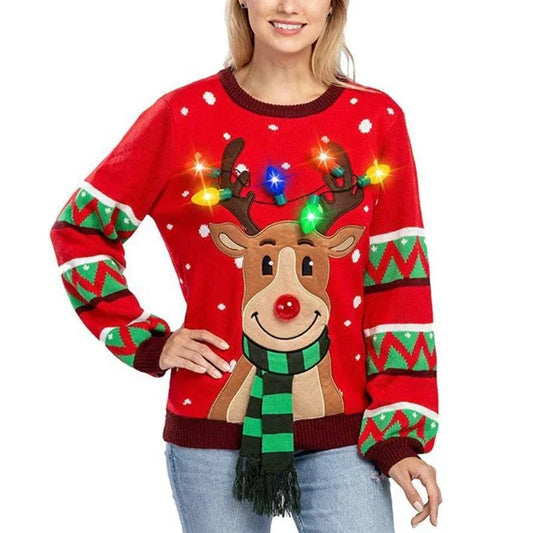 Lya | Knitted sweater with cartoon Christmas reindeer and LED lights for women