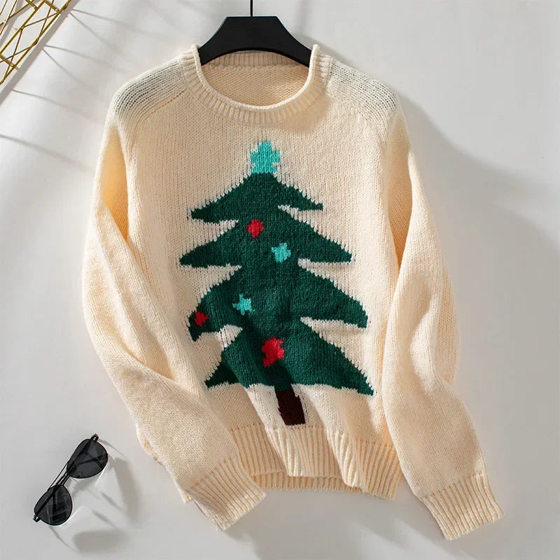 Ilona | Warm knitted sweater with Christmas tree mouse print for women and crew neck