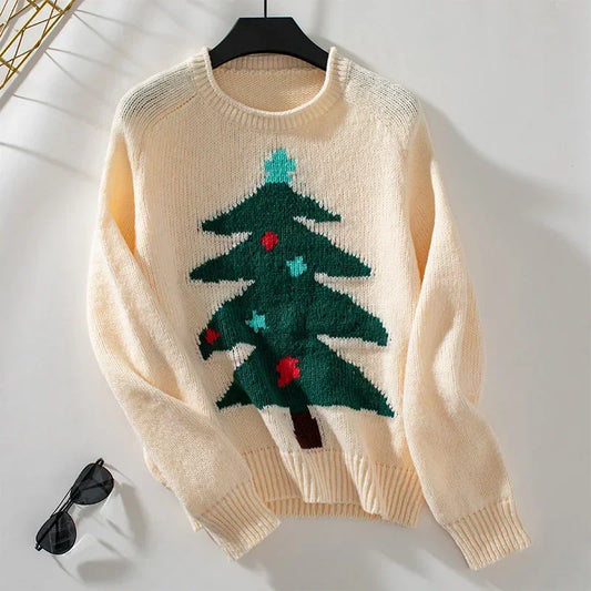 Ilona | Warm knitted sweater with Christmas tree mouse print for women and crew neck