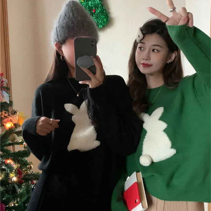 Silvia | Warm women's knitted sweater with a Christmas bunny embossing and a crew neck