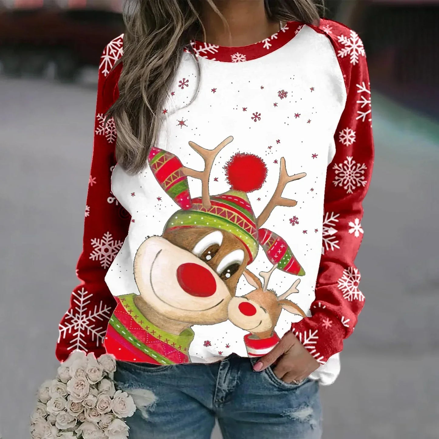 Sara | Warm 3D printed Christmas reindeer crew neck sweater for women