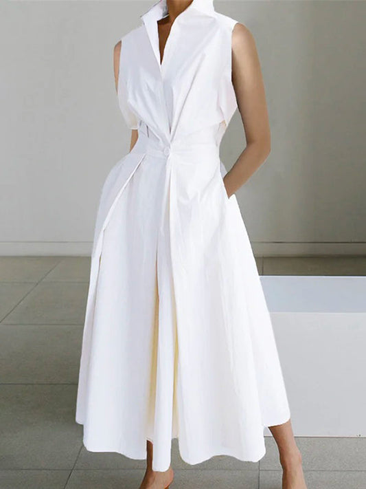 Keira® | White Shirt Collar Urban Cotton Dress