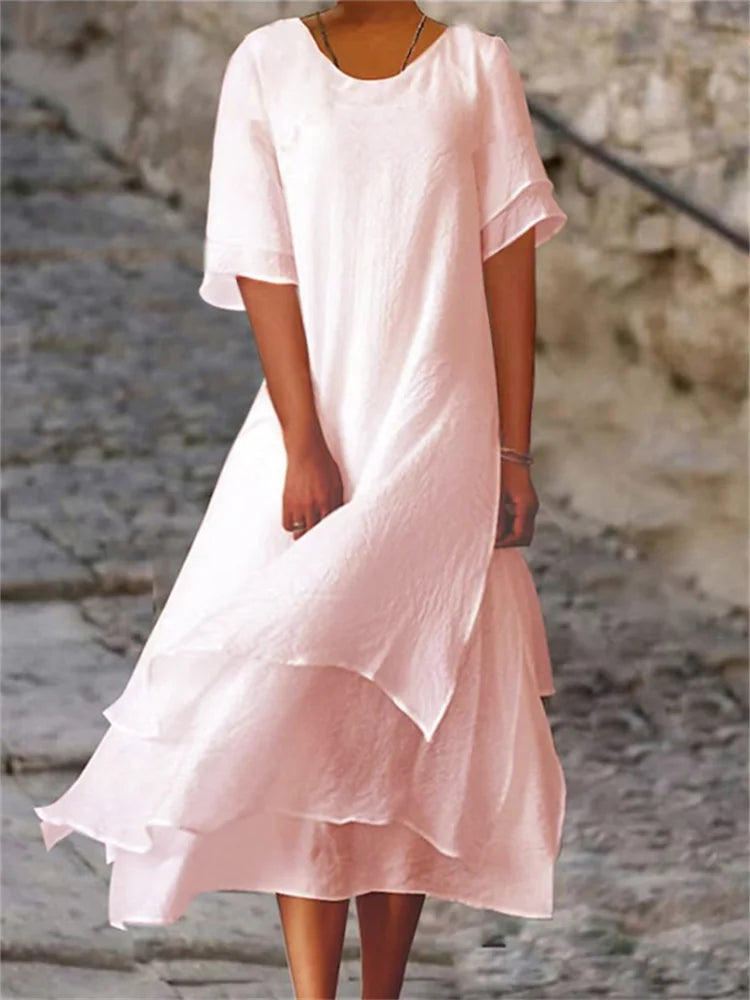 Eva® | Double-Layered Slit Short-Sleeved Dress With Round Neck