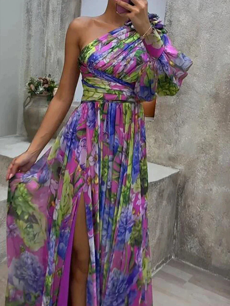 Ida® | Sexy Long Dress With Side Slit And Purple Print