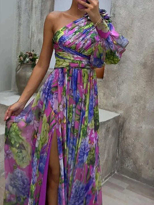 Ida® | Sexy Long Dress With Side Slit And Purple Print