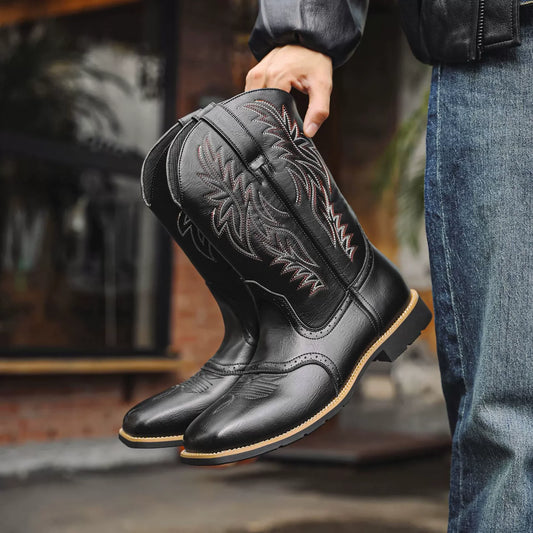 Men’s Western Cowboy Boots Embroidered Mid-Calf Classic Square Toe