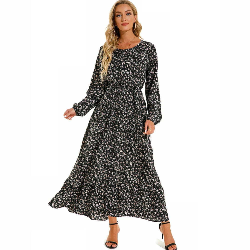Natasha® | Women'S Bohemian Floral Chiffon Maxi Dress With Long Sleeves