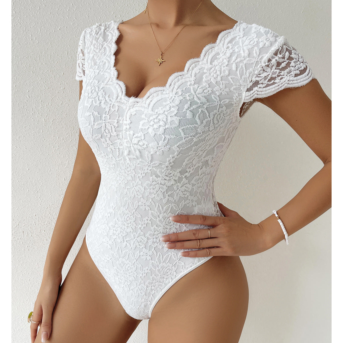 Aya® | Figure-Hugging Short Sleeve V-Neck Bodysuits With Lace