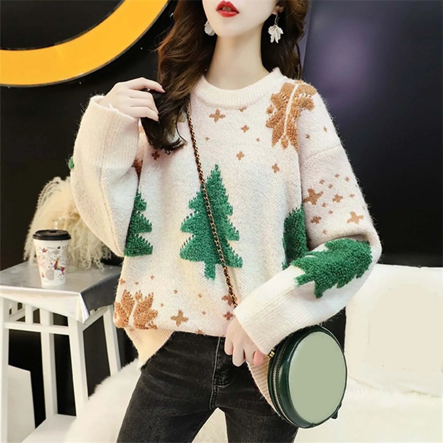 Carmen | Warm knitted sweater with a Christmas tree print for women and a crew neck