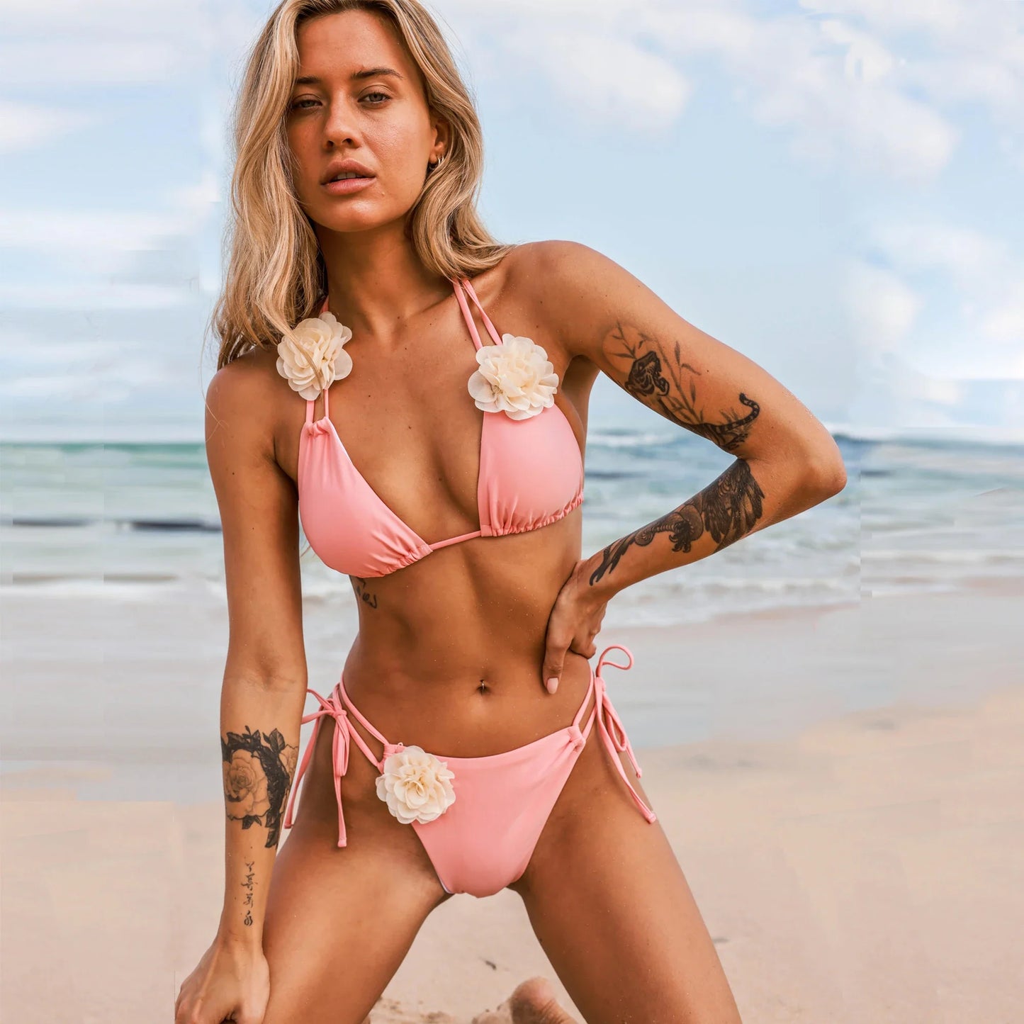 3D Floral Halter Bikini Set