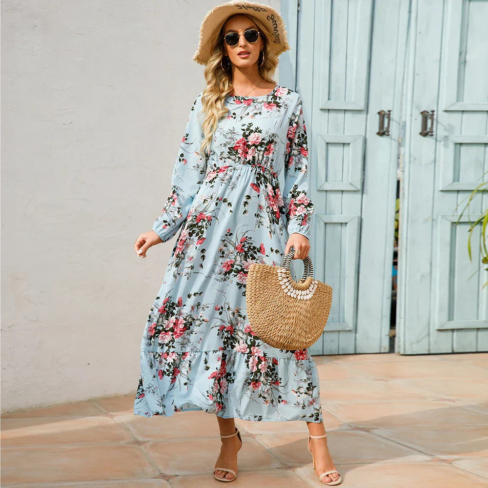 Natasha® | Women'S Bohemian Floral Chiffon Maxi Dress With Long Sleeves