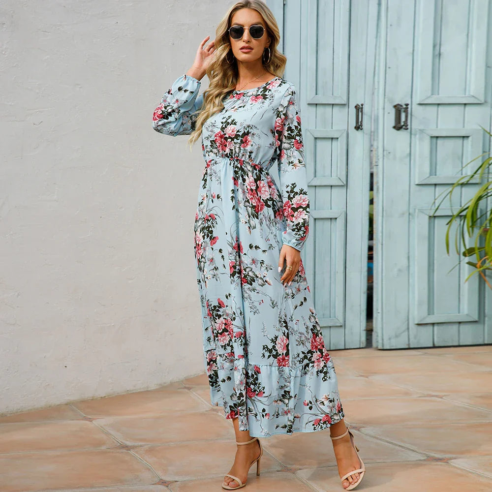 Natasha® | Women'S Bohemian Floral Chiffon Maxi Dress With Long Sleeves
