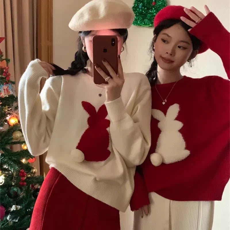 Silvia | Warm women's knitted sweater with a Christmas bunny embossing and a crew neck