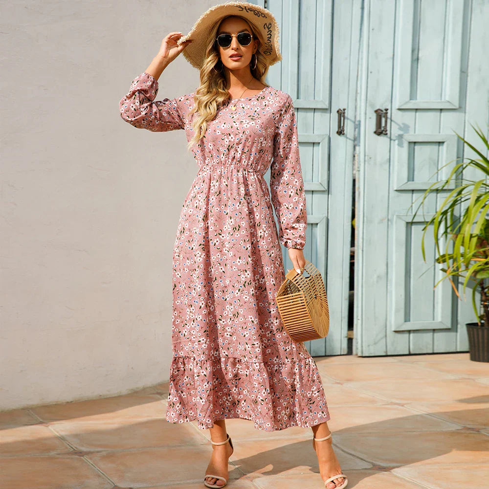 Natasha® | Women'S Bohemian Floral Chiffon Maxi Dress With Long Sleeves