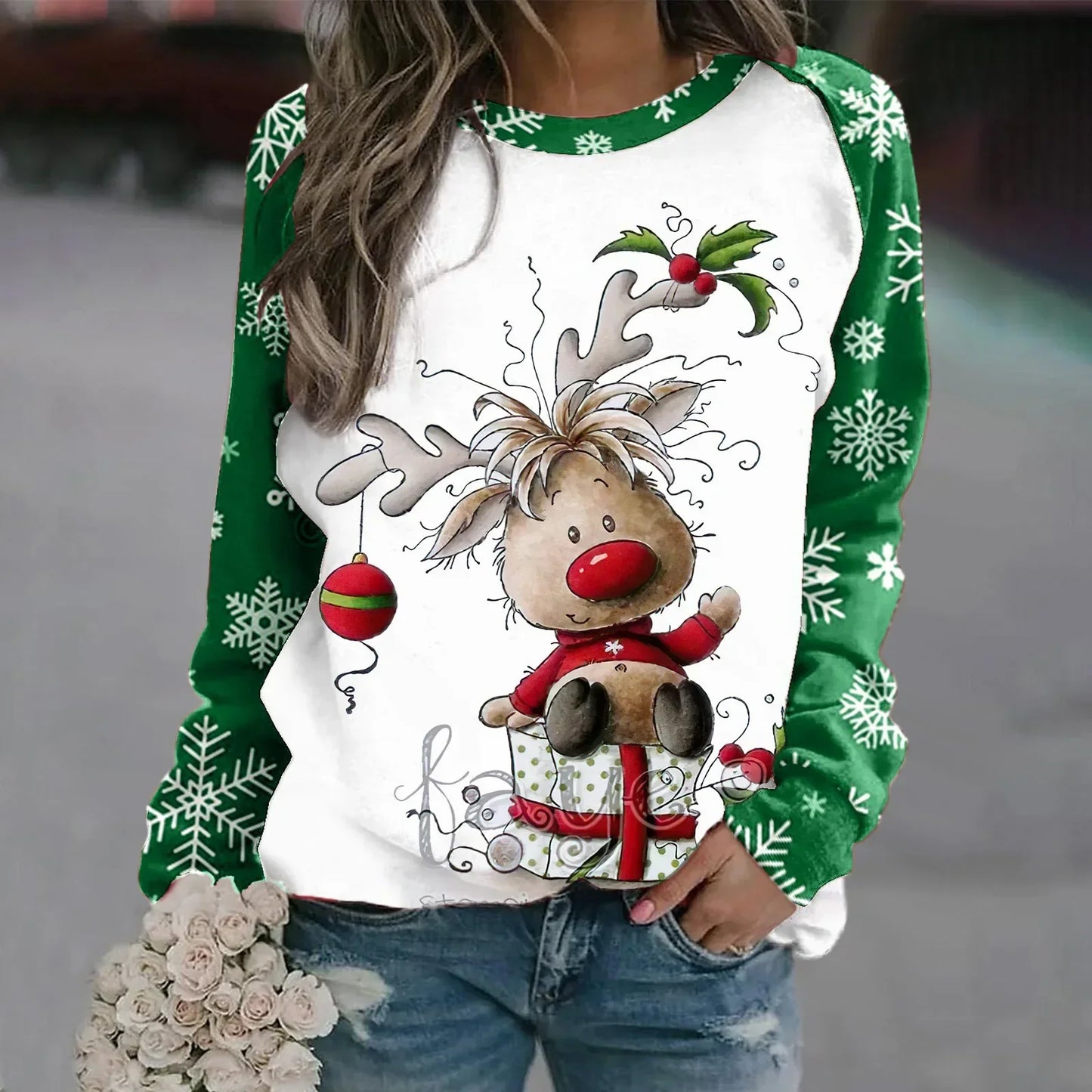 Sara | Warm 3D printed Christmas reindeer crew neck sweater for women
