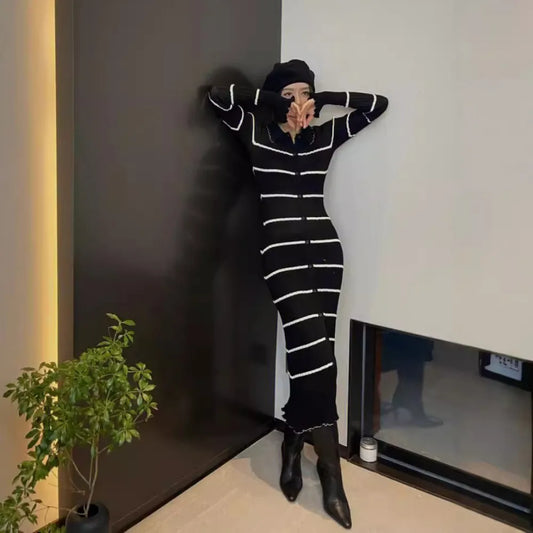Victoria | Elegant brown striped knitted dress for winter