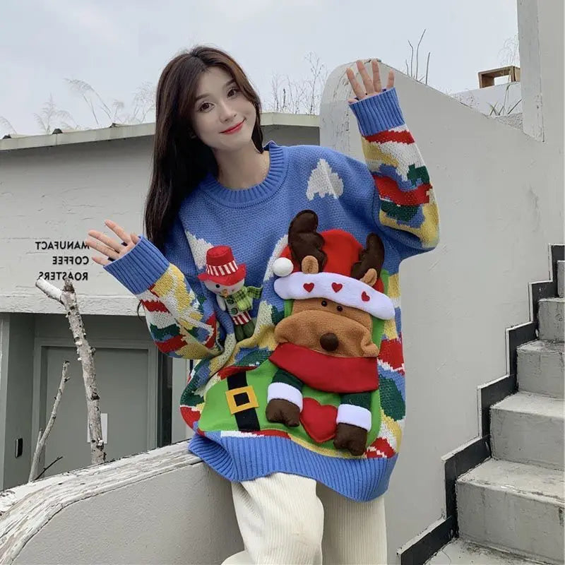 Isadora | Women's Plus Size Christmas Elk Snowman Embossed Crew Neck Knitted Sweater