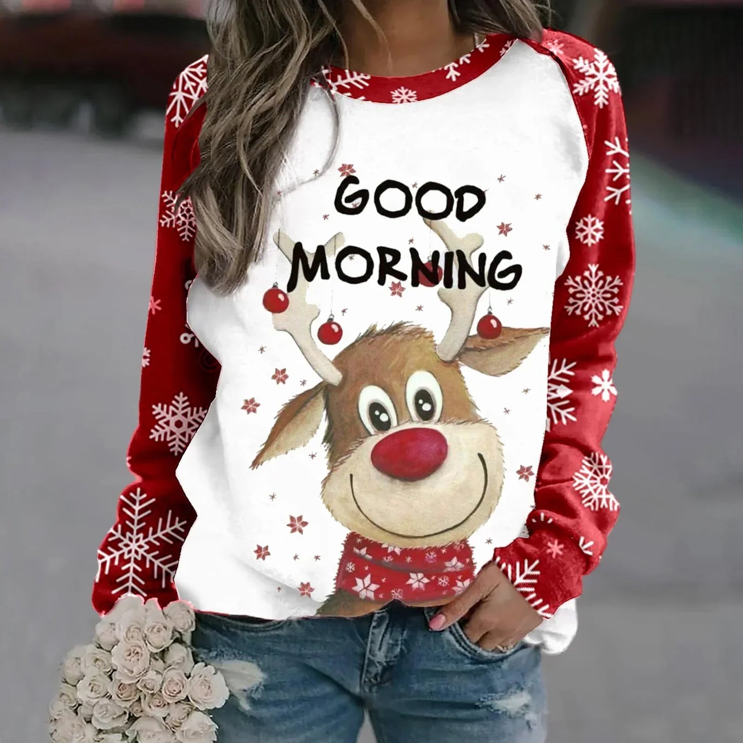 Sara | Warm 3D printed Christmas reindeer crew neck sweater for women