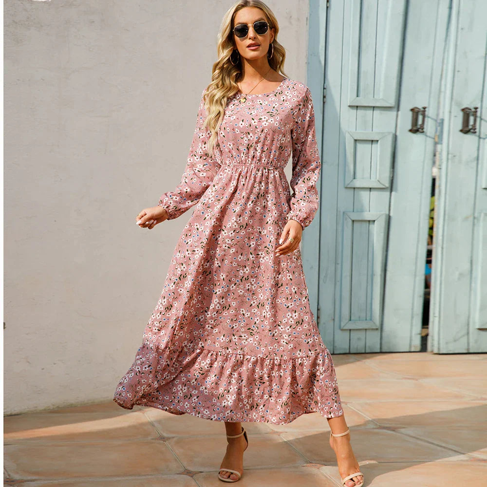 Natasha® | Women'S Bohemian Floral Chiffon Maxi Dress With Long Sleeves