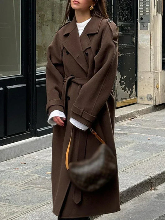 Valentina | Elegant maxi coat for women with double row of buttons and belt