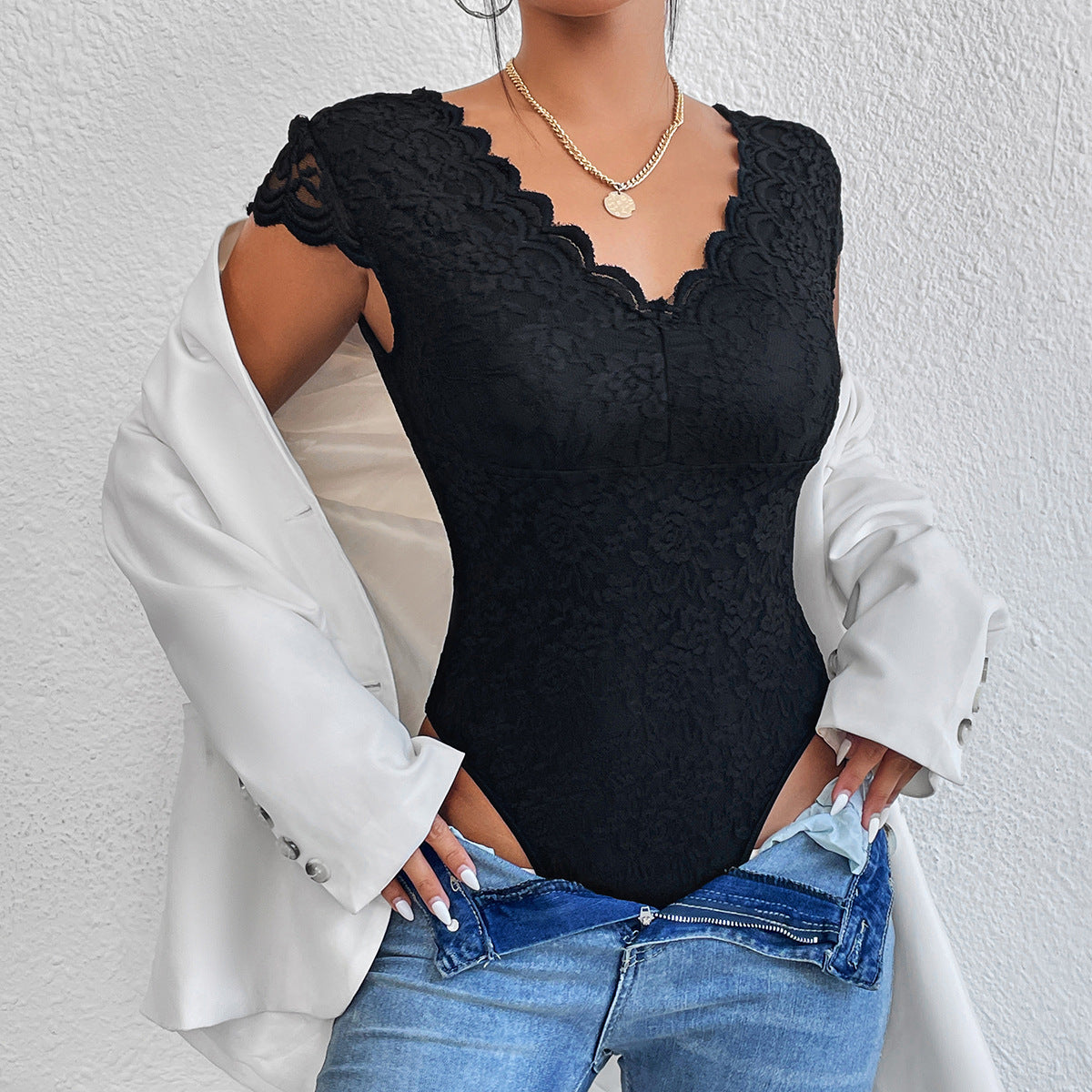 Aya® | Figure-Hugging Short Sleeve V-Neck Bodysuits With Lace